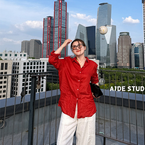 爱自然AJDE LP100苎麻翻领收口袖衬衫女夏季时尚气质通勤松弛上衣