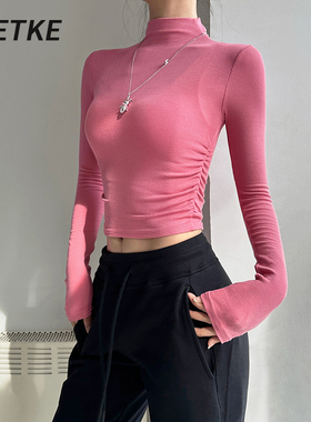 TEETKE美式半高领辣妹短款针织长袖上衣女2025春季新款收腰打底衫