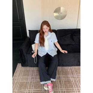 通勤衬衫 定制新款 徐达布大码 女装 微胖高级感衬衣 蓝色短袖 上衣夏季