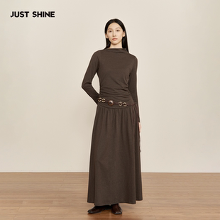 JUSTSHINE小众复古高领长袖连衣裙收腰显瘦A字裙文艺通勤打底裙