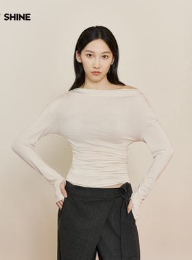 JUSTSHINE 纯欲T恤辣妹风内搭高弹亲肤遮肉堆褶长袖修身打底上衣