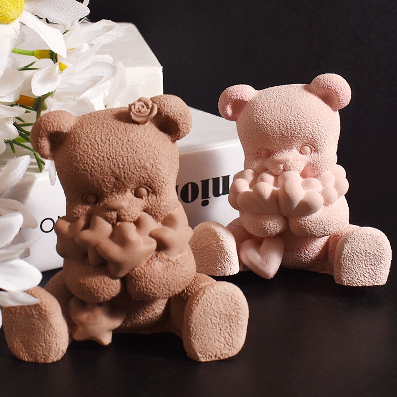 情人节3D爱心小熊香薰蜡烛硅胶模具 手工diy熊抱花毛毛熊石膏摆件图片