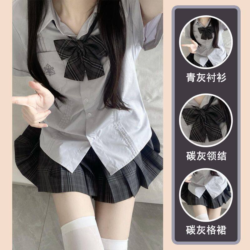 泰式校服学院风百搭刺绣水灰色衬衣jk制服正版原创短袖衬衫条纹