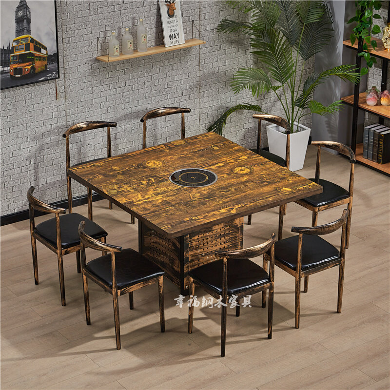 复古怀旧火锅桌电磁炉一体撸串小吃龙虾烧烤店8人位大圆桌八仙桌