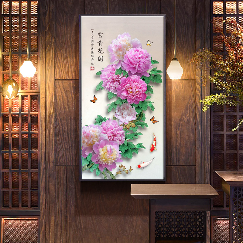 新中式牡丹装饰画走廊过道油画玄关竖版挂画书P房客厅壁画花开富图片