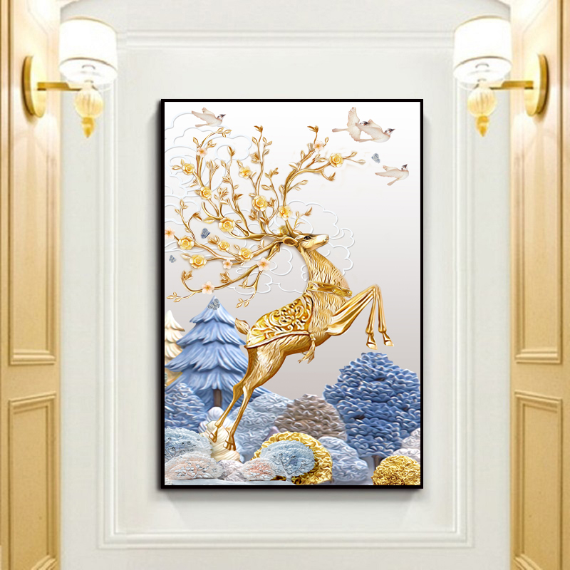 玄关招财麋鹿挂画装饰画竖u版走廊过道挂画客厅进门画墙面单幅壁图片