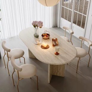 侘寂风天然洞石餐桌椭圆形大理石饭桌长桌家用长方形石材封釉桌子