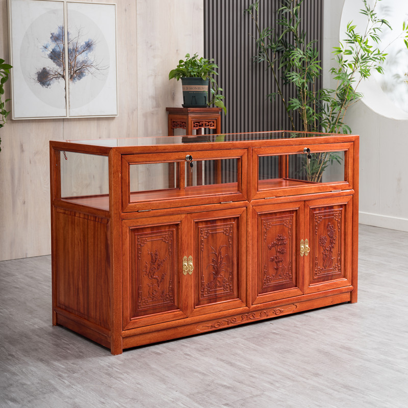 花梨木珠宝玉器展示柜台实木中式复古雕花中岛柜玻璃手办陈列矮柜