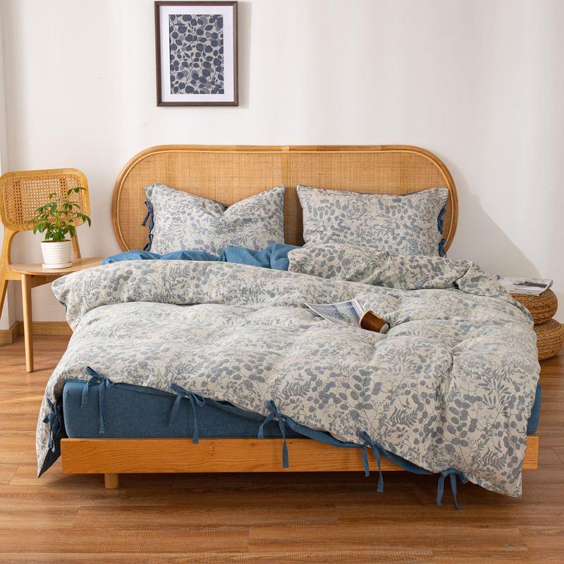 新款A类全棉双层纱花色织大提花四件套水洗纯棉蝴蝶结工艺款被套