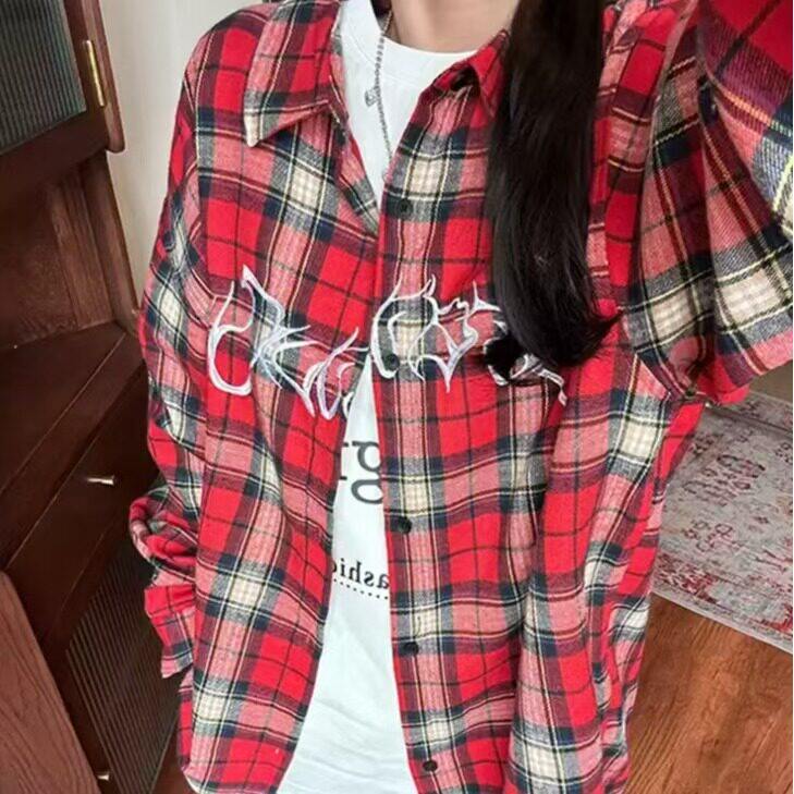 防晒开衫复古格子别致美式女外套衬衫长袖衬衣法式设计感宽松春秋