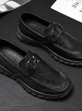2024秋季新款休闲皮鞋男板鞋懒人豆豆鞋黑色厨师厨房防滑工作鞋潮