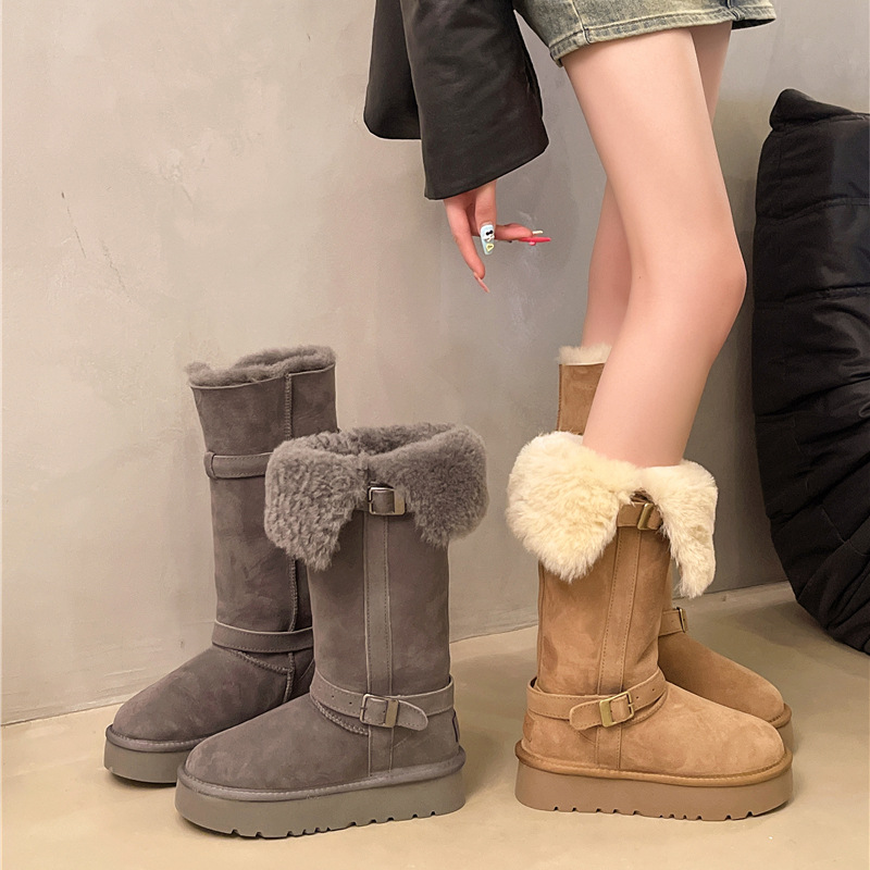 35-42码 大码女鞋厚底翻毛边雪地靴2025新款冬季加绒保暖长筒女靴