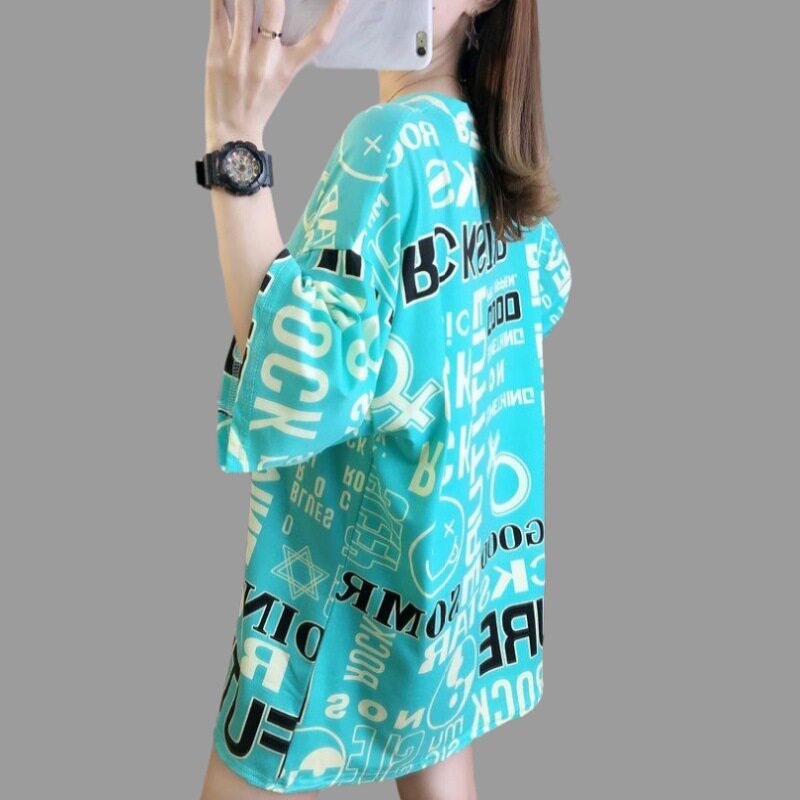 150斤可穿 加大全身印花T恤女士宽松休闲加大码显瘦中长款打底衫
