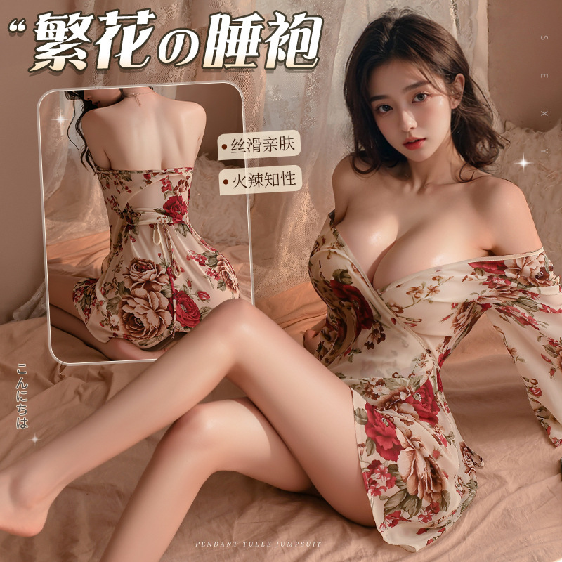 内衣性感繁花深V睡袍丝滑和服透睡裙套装