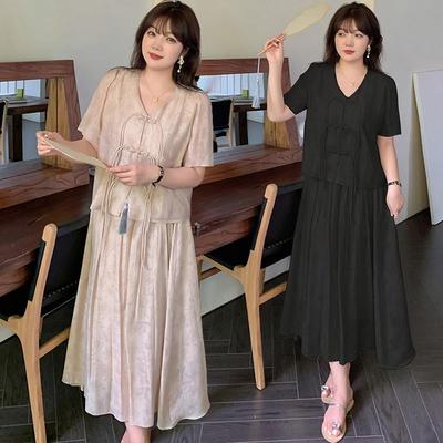 大码女装胖mm夏低领新中式高端显瘦遮肚半身裙两件套装改良版旗袍