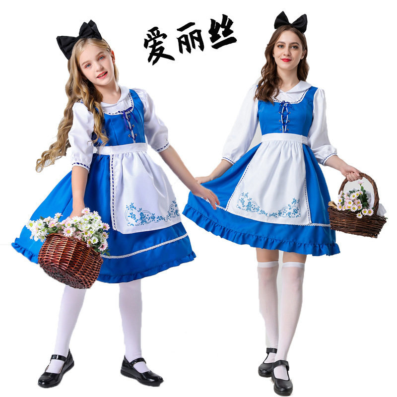 万圣节爱丽丝梦游仙境COS服成人儿童蓝白色裙子女仆田园扮演服