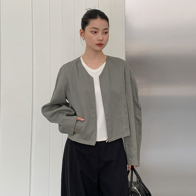 【亚麻】新款新中式V领初春外套女2025新品拉链设计气质短款上衣