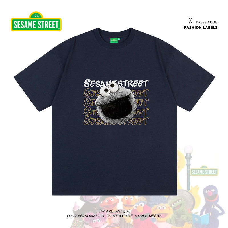 sesame street/芝麻街街头搞怪logo图案印花休闲宽松短袖情侣t恤