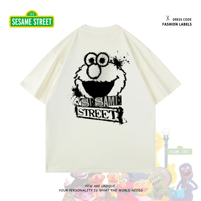 sesame street/芝麻街情侣潮流趣味卡通字母logo印花宽松短袖t恤