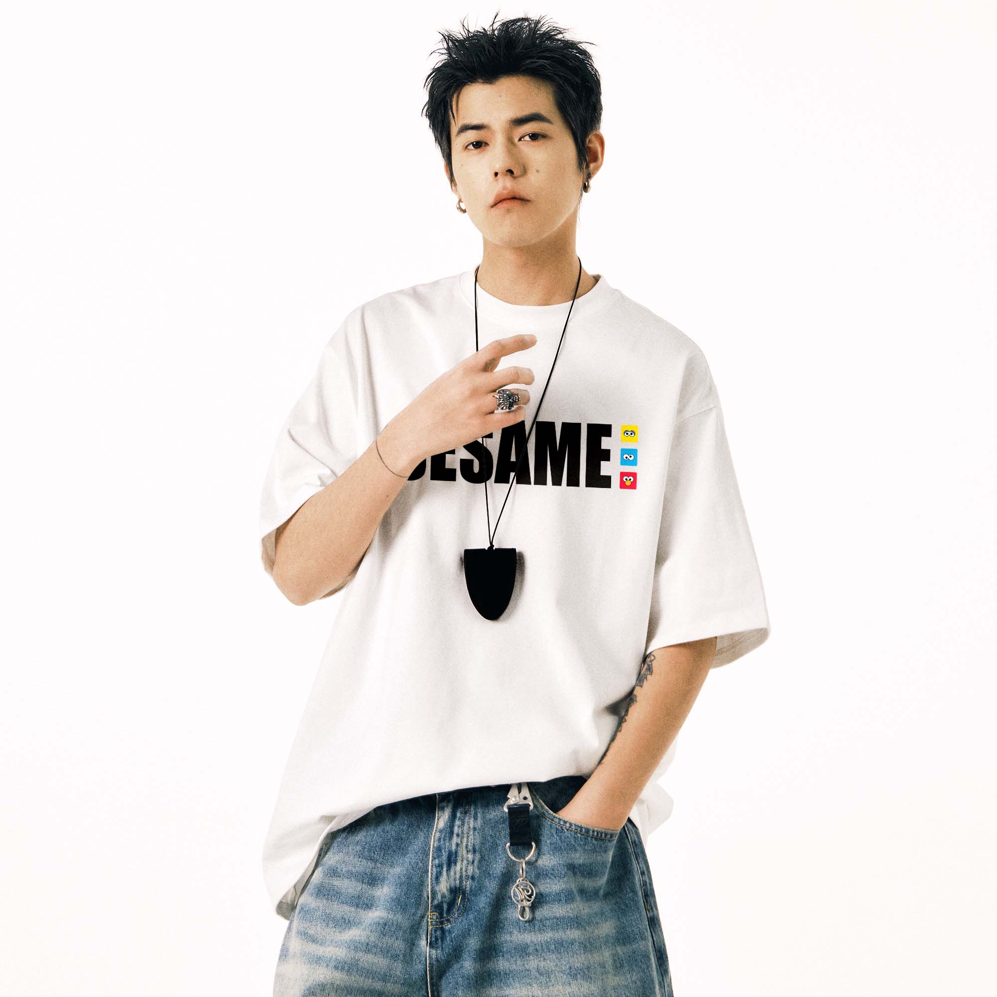 Sesame Street/芝麻街夏季新款T恤男装美式重磅品牌情侣短袖