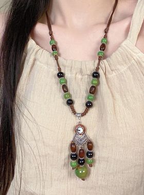 民族风陶瓷串珠项链女复古波西米亚长款颈链度假风百搭可调节配饰
