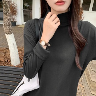 韩版宽松慵懒风半高领长袖t恤女秋冬德绒胖mm遮肚上衣藏肉内搭t恤