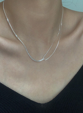 s925纯银不对称拼接双层项链女ins冷淡风极简个性小众设计锁骨链