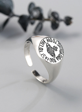 韩国东大门s925纯银复古做旧土星字母戒指女 时尚个性潮人食指环