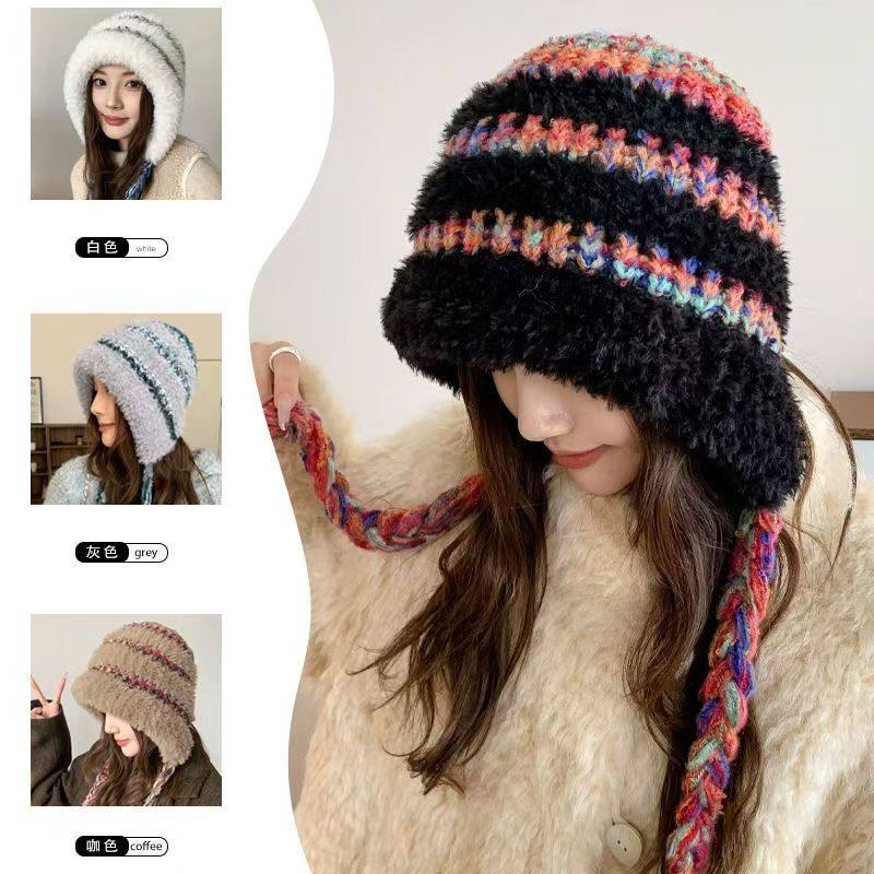 新款条纹毛绒毛线帽蛋挞帽子秋冬新款韩版长绳保暖护耳时尚针织帽,服饰配件/皮带/帽子/围巾,帽子,淘宝优惠券,粉丝福利购,淘宝优惠卷