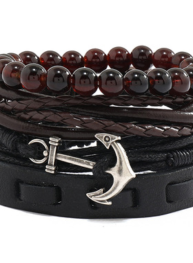 diy欧美简约复古编织船锚牛皮手饰手绳真皮手环多层套装航海手链