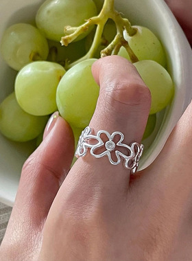 s925纯银镂空花朵戒指女ins清冷风小众设计甜美简约百搭开口指环