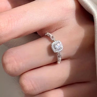 s925纯银锆石方钻链条戒指女ins小众设计轻奢高级感气质闪钻指环