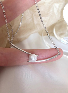 s925纯银筷子淡水珍珠项链女ins法式轻奢小众设计几何交叉锁骨链