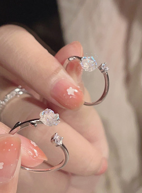 s925纯银山茶花开口戒指女ins温柔仙女风小众轻奢设计炫彩食指环