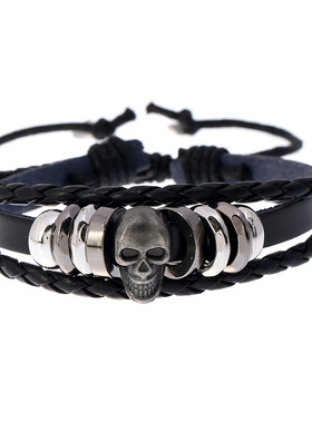 厂价直销 欧美饰品 个性串珠骷髅头男士牛皮手链 热销配饰