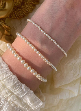 s925纯银强光正圆仿施家珍珠手链女ins轻奢小众温柔精致百搭手串