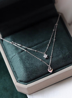 s925纯银星星锆石爱心双层项链女ins夏甜美小众轻奢风流苏锁骨链