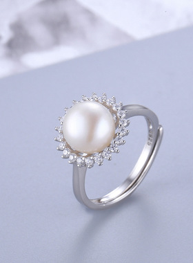 跨境新款ins潮气质轻奢珍珠戒指S925银简约太阳花指环DIY空托配饰