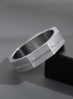 s925纯银七美德戒指男潮ins冷淡风复古个性款素圈小众男士单身戒