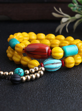 原创波西米亚复古彩色民族风多层手链女个性黄琉璃珠手工编织手串
