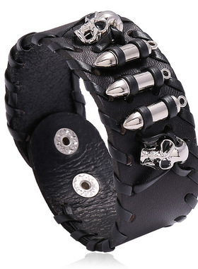 欧美朋克风牛皮手链个性潮男机车饰品骷髅头真皮手链跨境电商货源