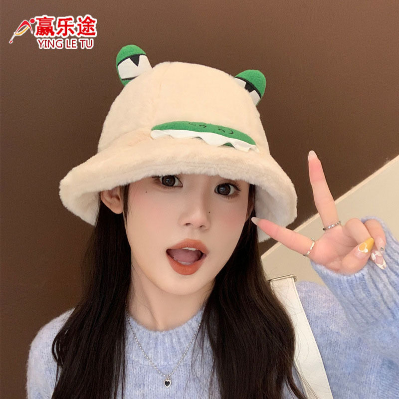 秋冬渔夫帽子女毛绒保暖卡通立体青蛙眼睛甜美可爱搞怪御寒盆帽