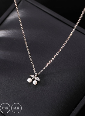 s925纯银樱桃珍珠项链女夏季轻奢小众设计感CHIC风甜美气质锁骨链