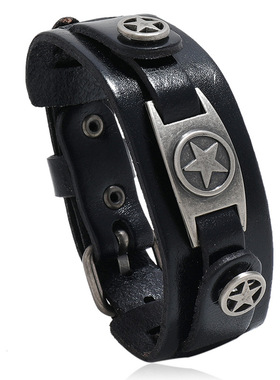 跨境欧美新款手饰简约复古五角星牛皮手链朋克风气质多层男士手环