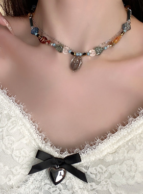 新中式古风彩色串珠项链轻奢小众高级个性锁骨链爆款百搭气质颈链
