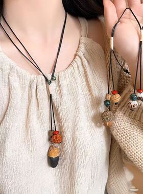 新中式陶瓷松子编织项链女款复古民族风时尚锁骨链小众设计感颈链