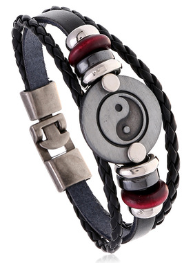 厂家直销简约合金八卦编织牛皮手链个性太极阴阳图案串珠皮革手环
