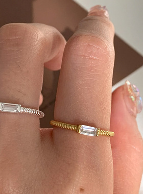 s925纯银方钻戒指女ins博主同款小众高级感简约麻花锆石开口戒指