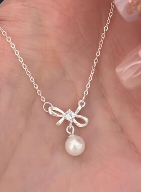 s925纯银蝴蝶结仿施家珍珠项链女ins温柔风甜美少女心粉钻锁骨链
