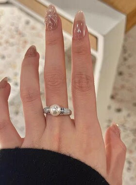 中古风珍珠戒指s925纯银女秋冬法式复古轻奢高级质感小众镶钻指环